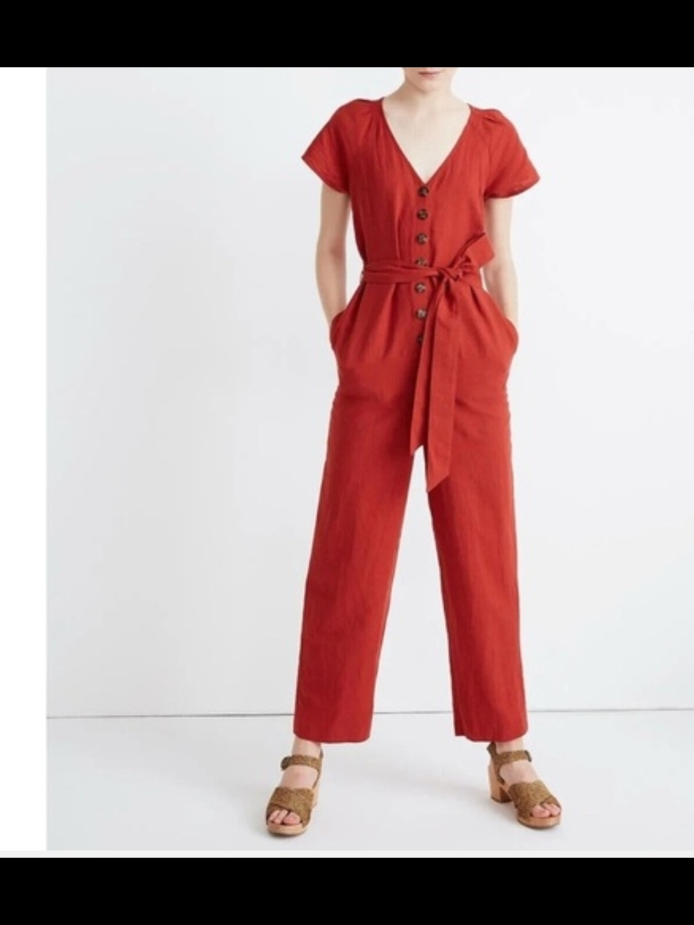 NWT Madewell Rust Red Button-Front Short Sleeve Jumpsuit with Tie Waist